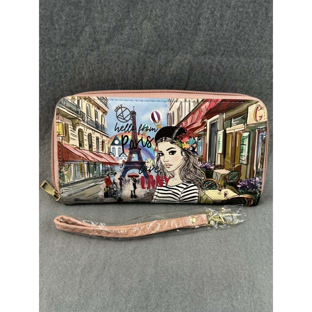 LANY‎ Paris Graphic Zip Around Wallet Pink Travel Eiffel Tower Wristlet